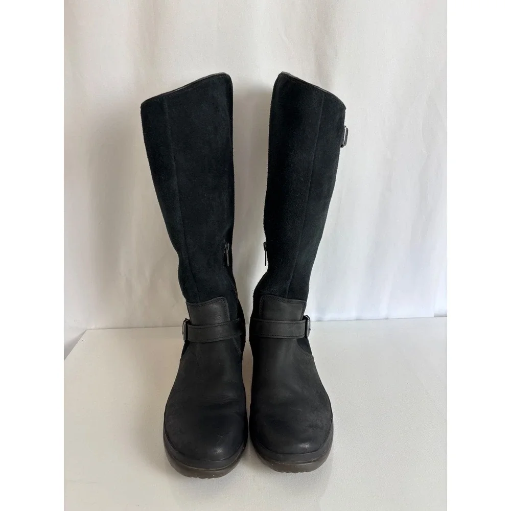 UGG Elsa Waterproof Black Leather Suede Tall Boots Womens 8.5 Moto Equestrian